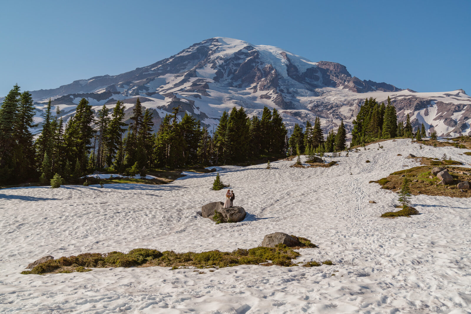 When planning an elopement at Mount Rainier National Park, plan for snow all year long.