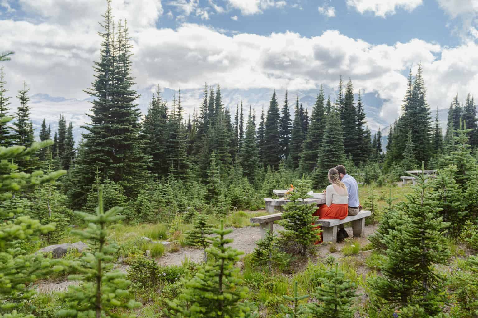 Couple enjoys picnic for their elopement at Sunrise Visitor Center at Mount Rainier National Park