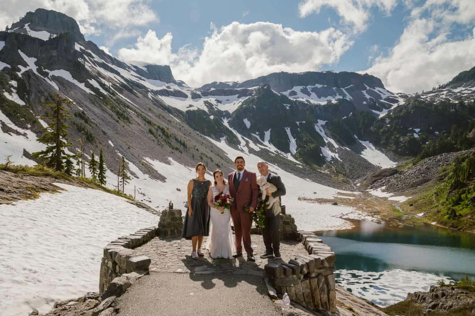 Couple has their adventure elopement ceremony at Heather Meadows in the North Cascades with Table Mountain in the background