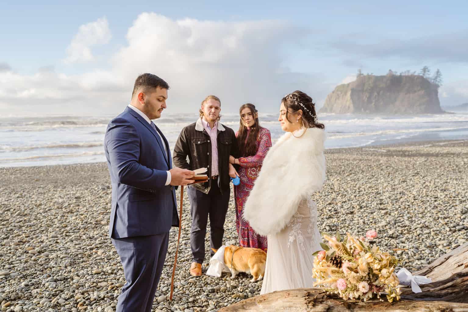 Couple enjoys elopement ceremony with best friends on Ruby Beach in Olympic national park with Outshined Photography