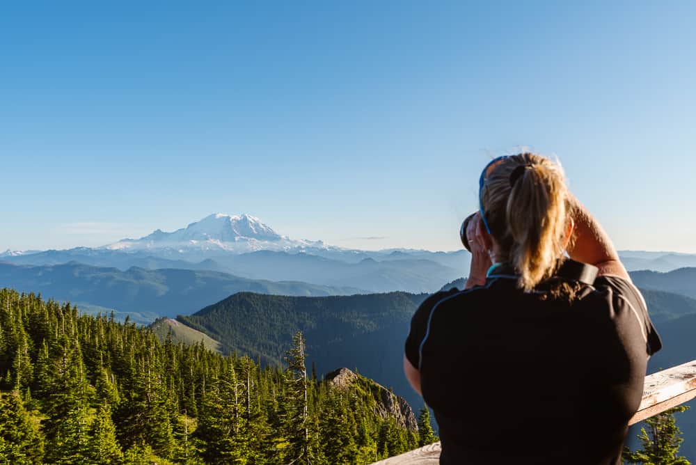 Stacy of Outshined Photography photographing Mount Rainier from Kelly Butte Fire Lookout